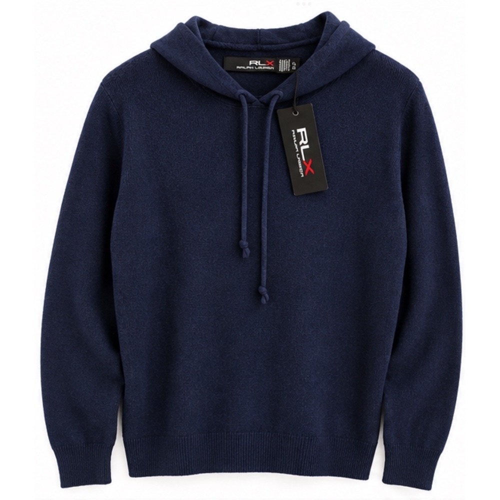RLX Ralph Lauren Mens Navy Blue Cashmere Hoodie Sweater Size L New with defects